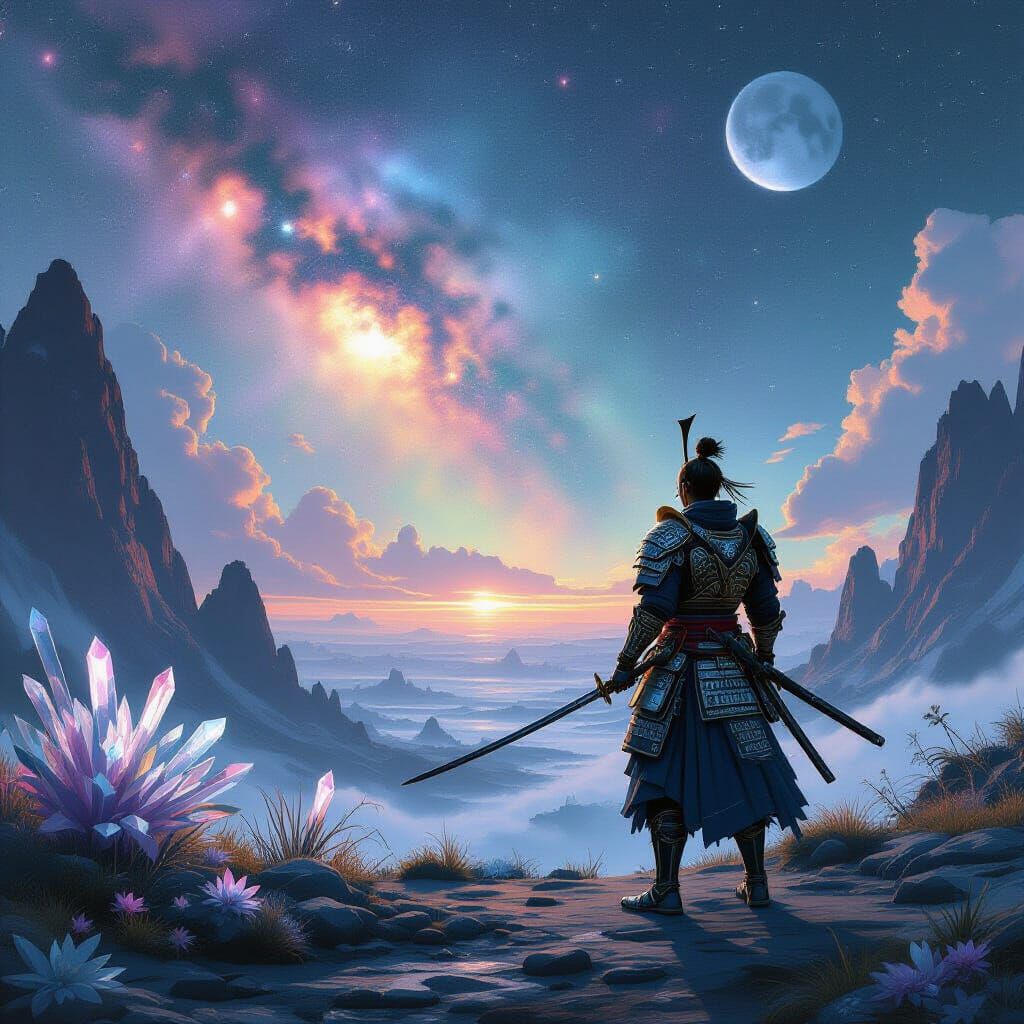 Samurai Warrior on Alien Planet Overlooking Nebula Sky