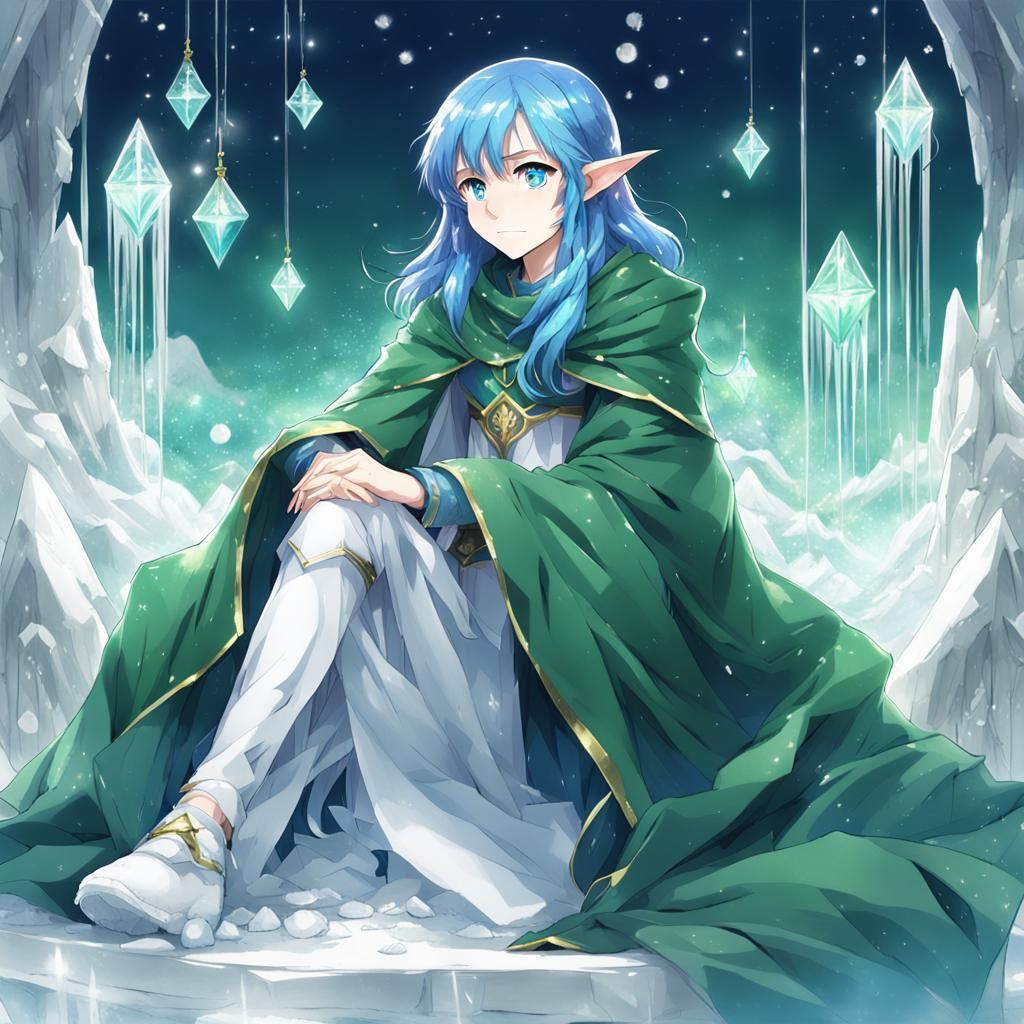Blue-Haired Elf on Crystal Throne: Anime Style