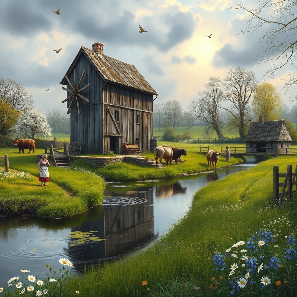 Wooden Watermill in English Spring Landscape