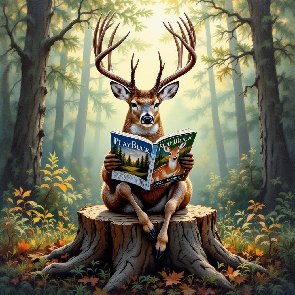 Fantasy Oil Painting: Deer Reads Playbuck Magazine in Forest
