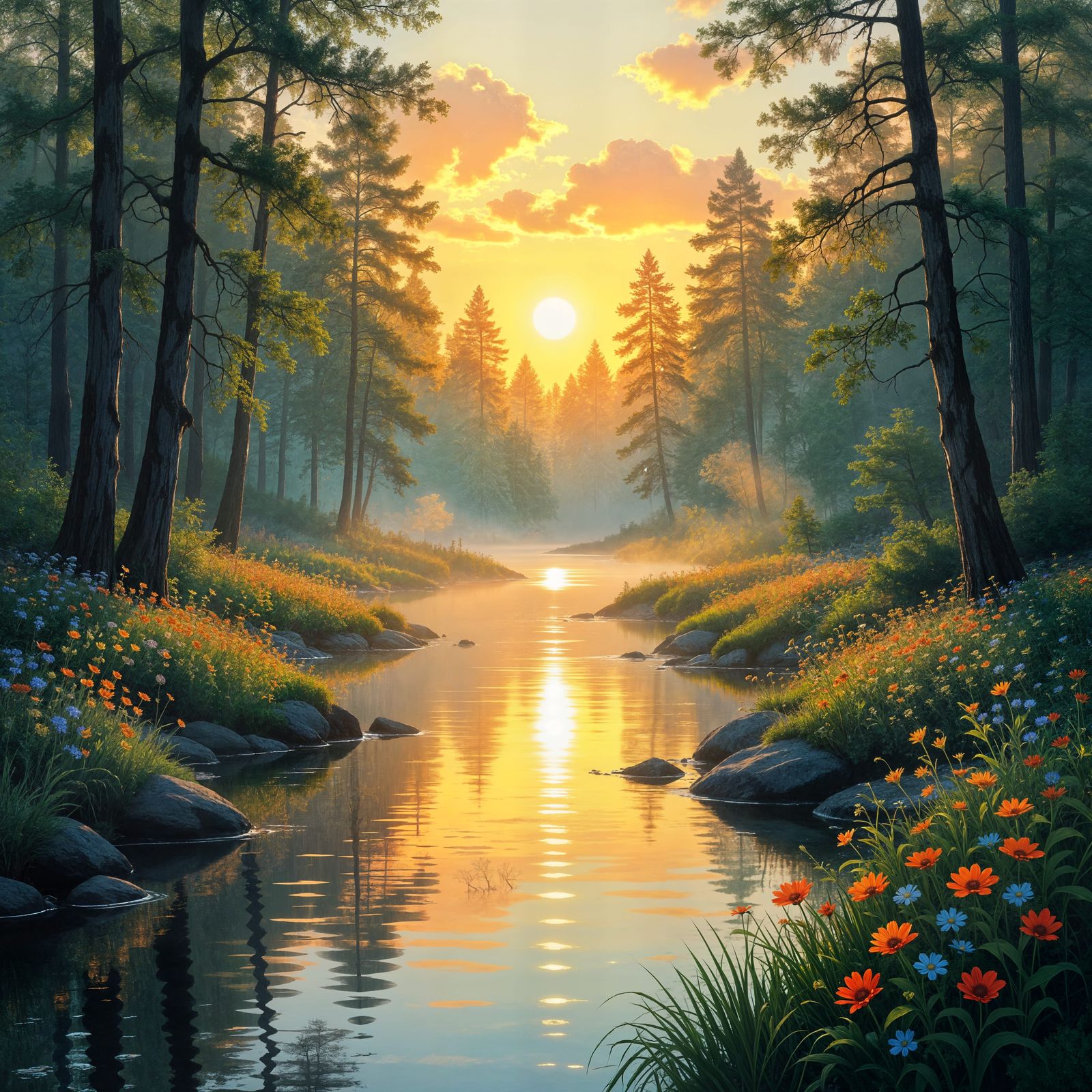 Golden Sunlight Illuminates Serene Forest Landscape