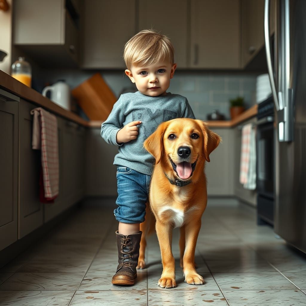Toddler and Dog in Kitchen with Muddy Boots