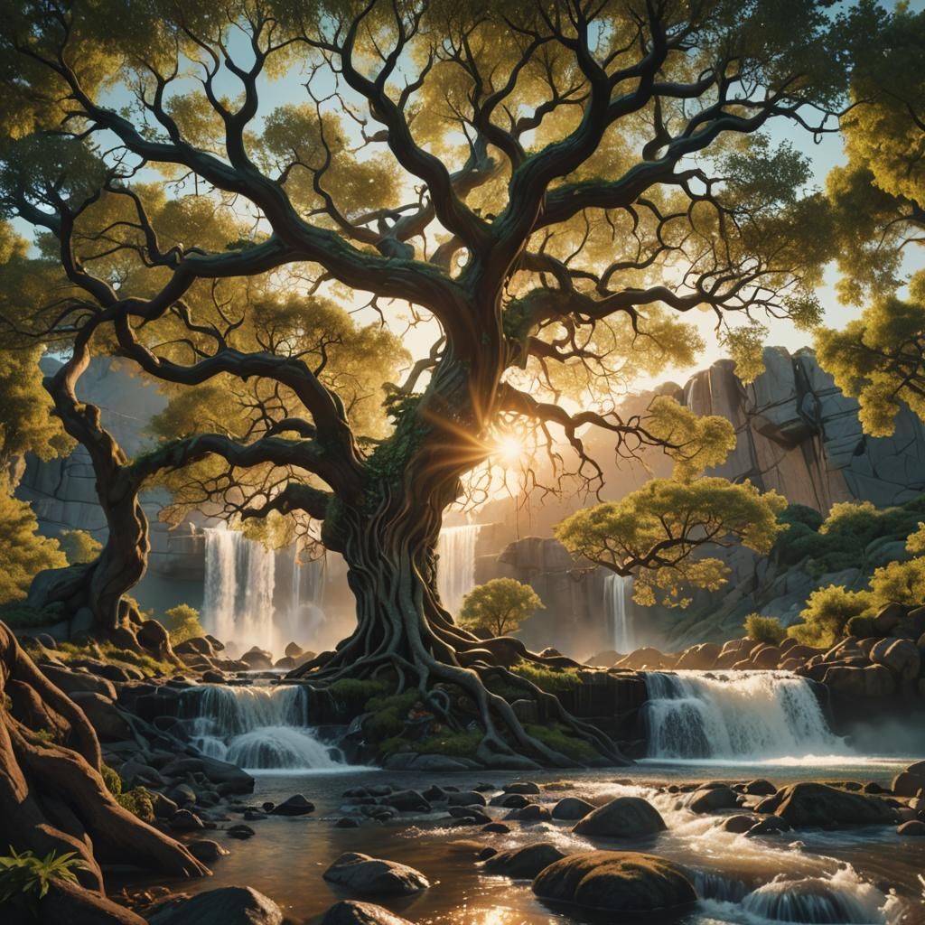Yggdrasil Tree of Life Waterfall in Fantasy Art