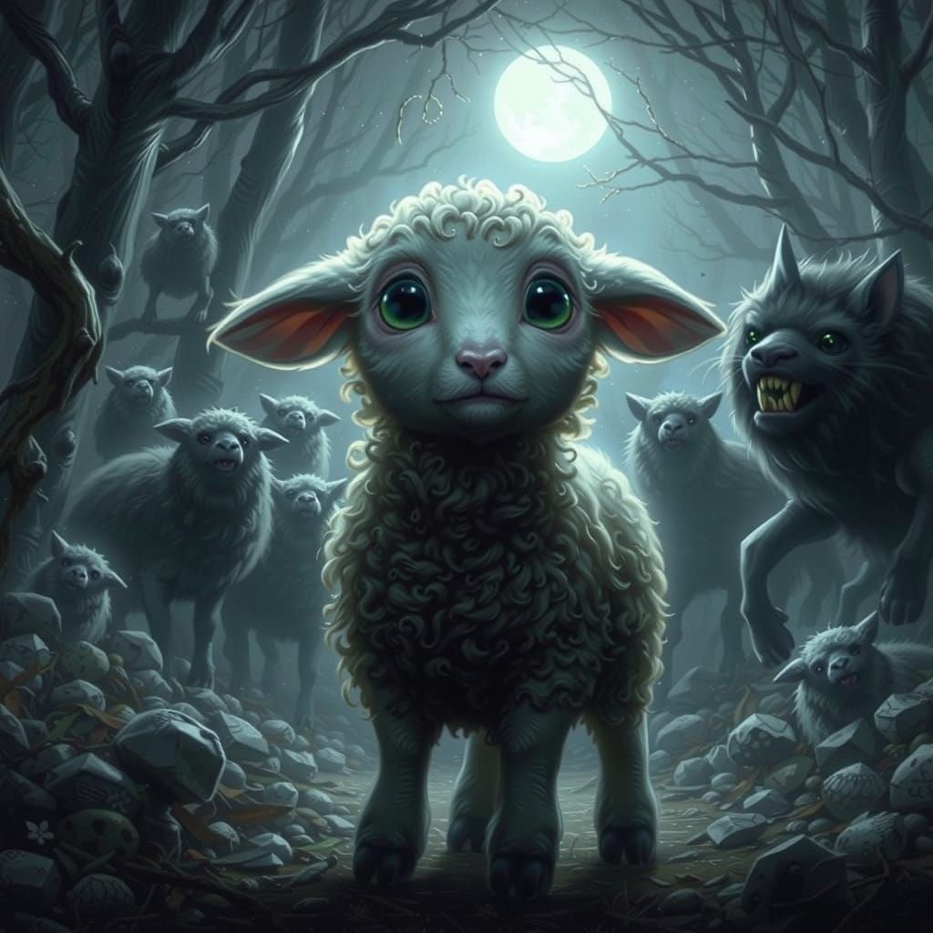 Nervous Lamb Lost in Dark Forest