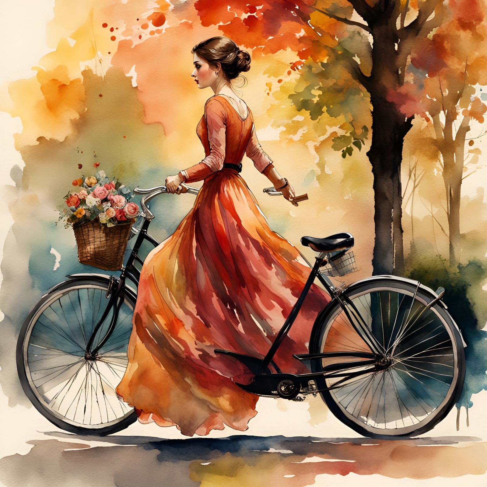 Victorian Woman on Bicycle: Watercolor Illustration
