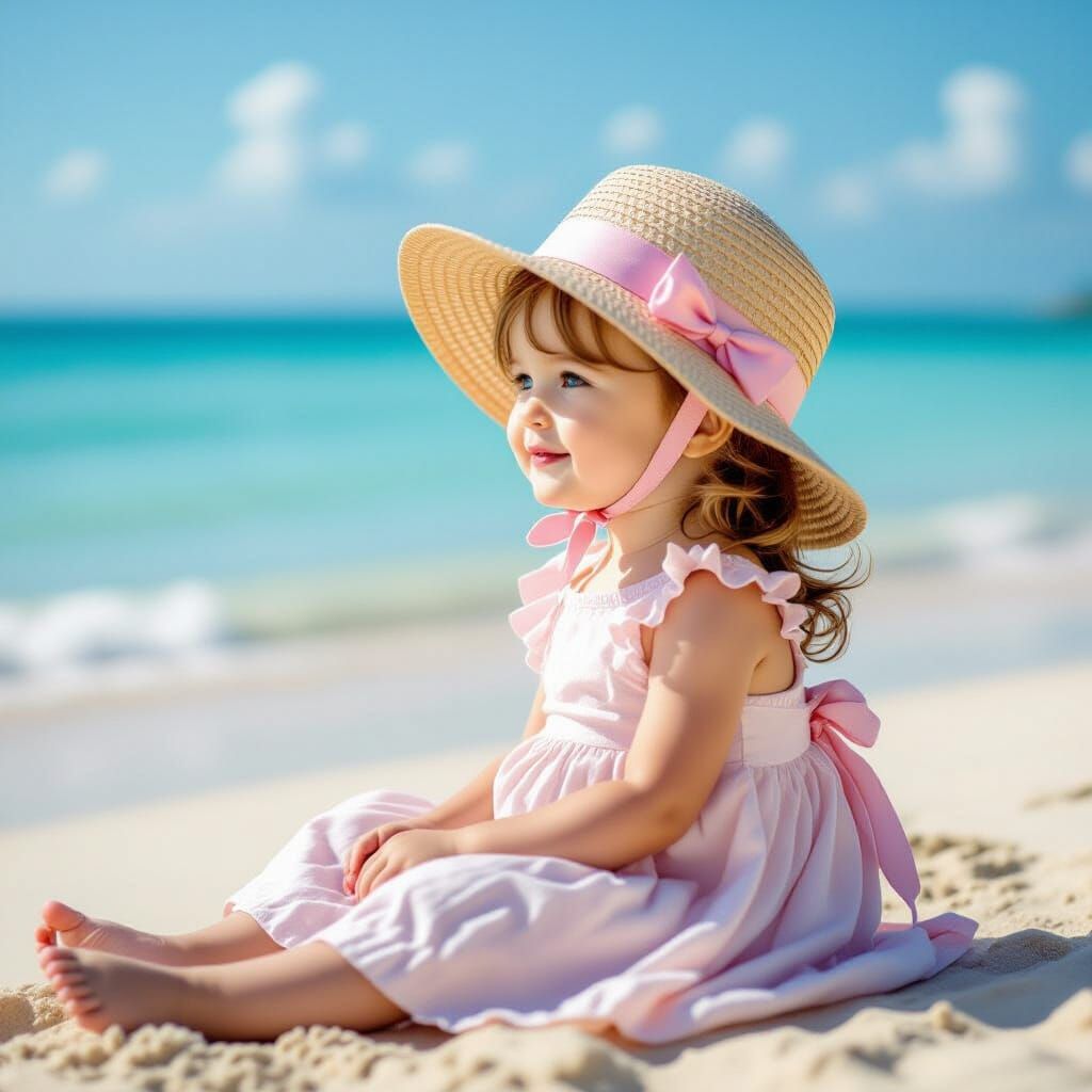 Young Girl in Pink Dress and Straw Hat on Beach