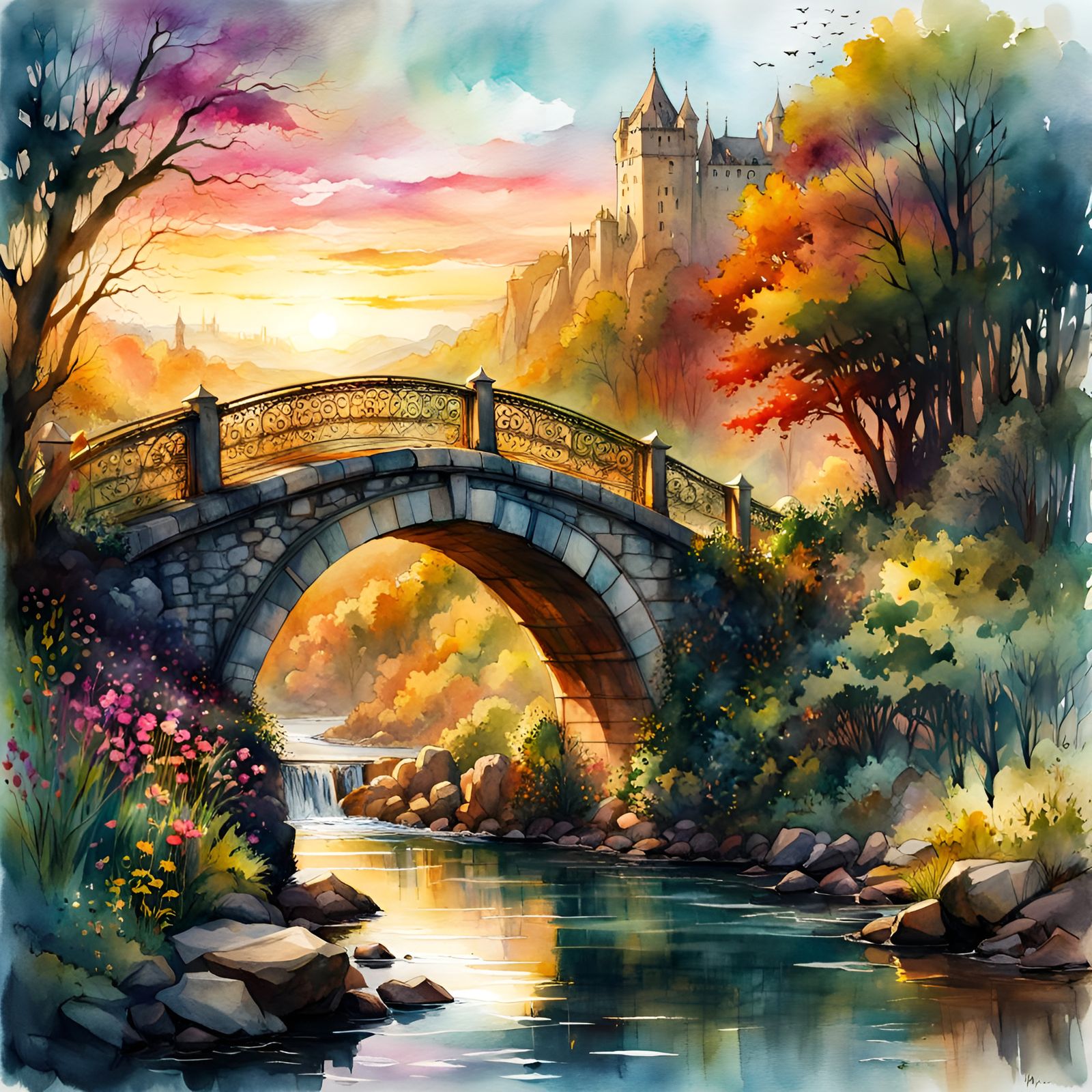 Fairytale Stone Bridge Sunset in Digital Watercolor