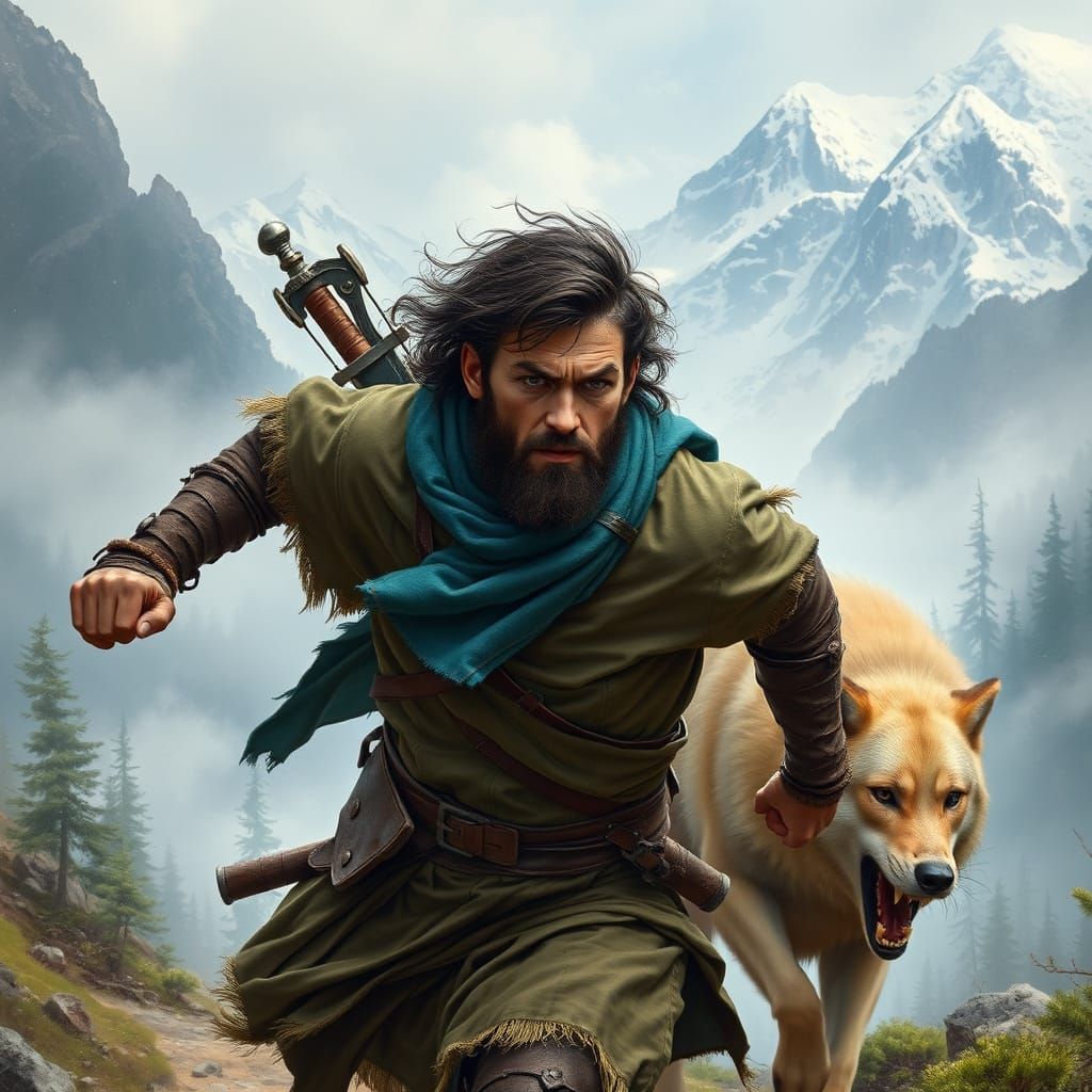 Rugged Ranger in Action, with Wolf in Pursuit, amidst Snow-C...