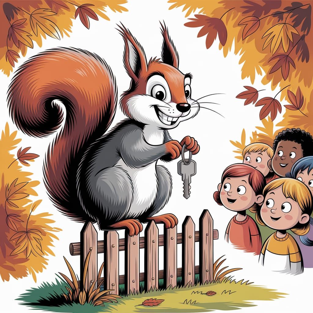Squirrel Steals Keys: Whimsical Hand-Drawn Illustration
