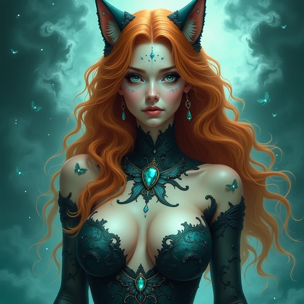 Ethereal Cat-like Woman in Dark Fantasy Digital Art