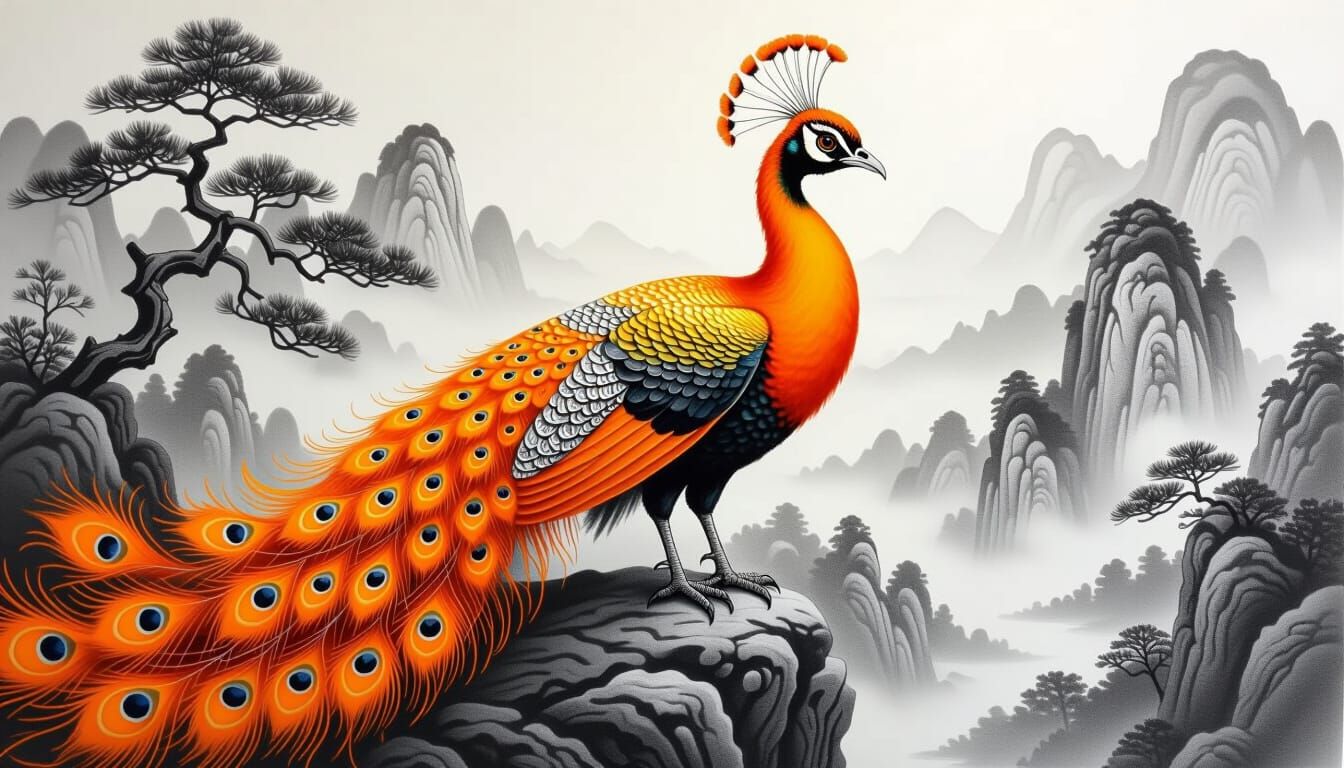 Orange Peacock-Dragon in Asian Landscape
