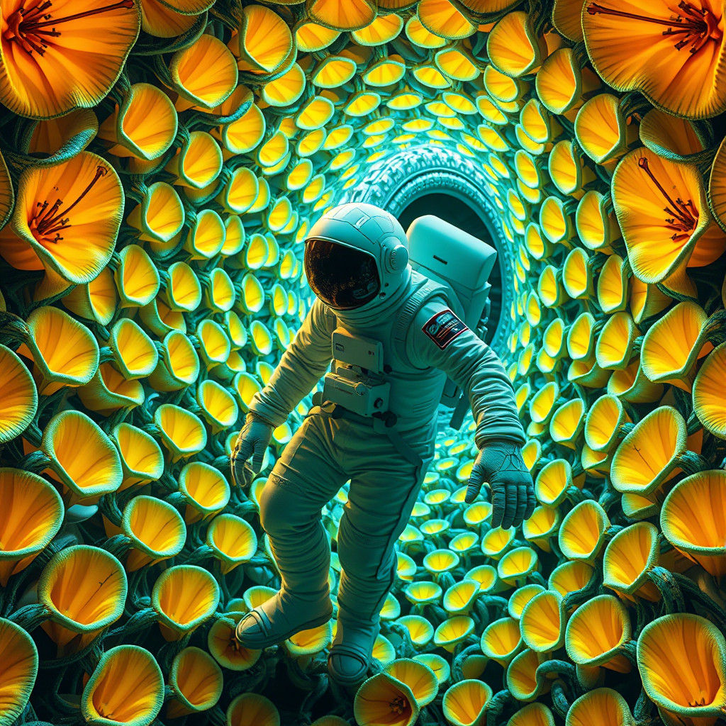 Surreal Astronaut in Tunnel of Morphing Flowers