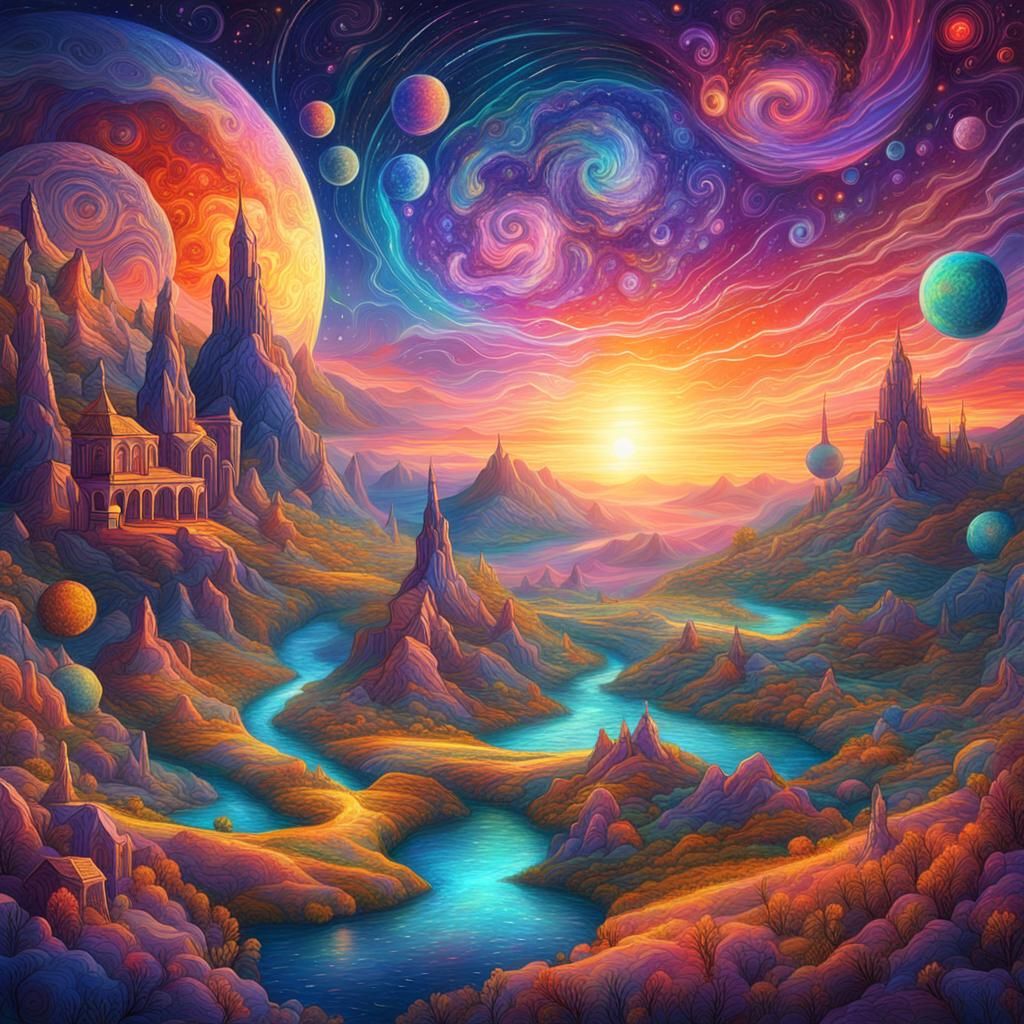 Astral Sunset Over Fantasy Land: Holographic Illustration