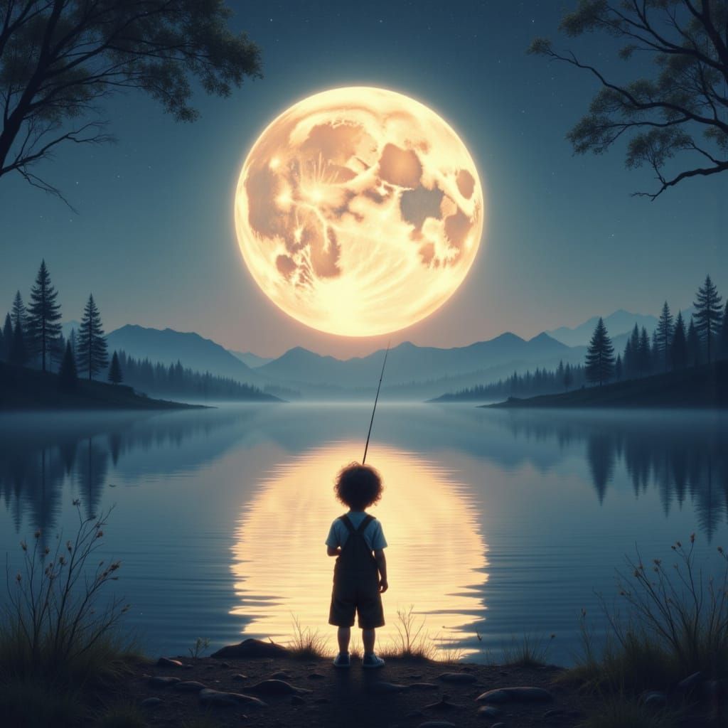 Child Fishing Under Moon in Painterly Style