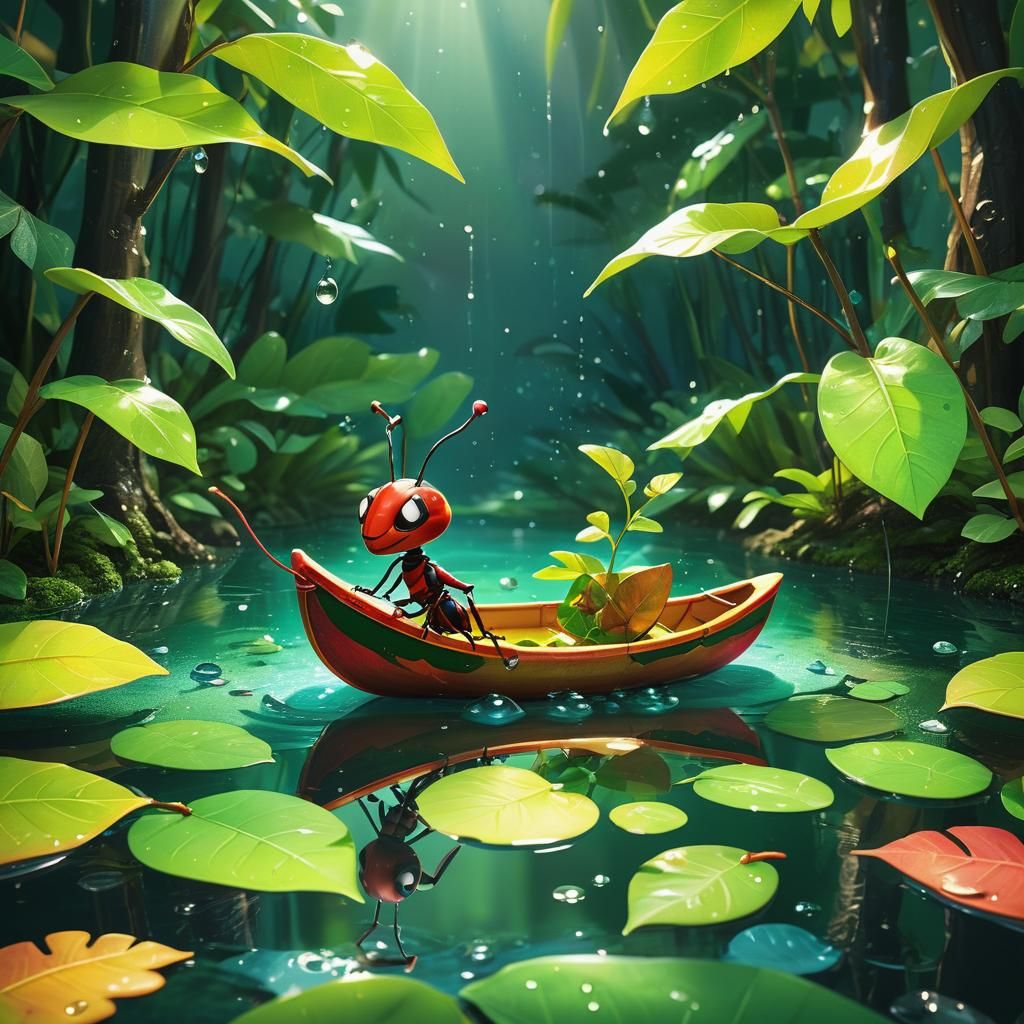 In bright realistic colors: "A giant cartoon ant uses a larg...