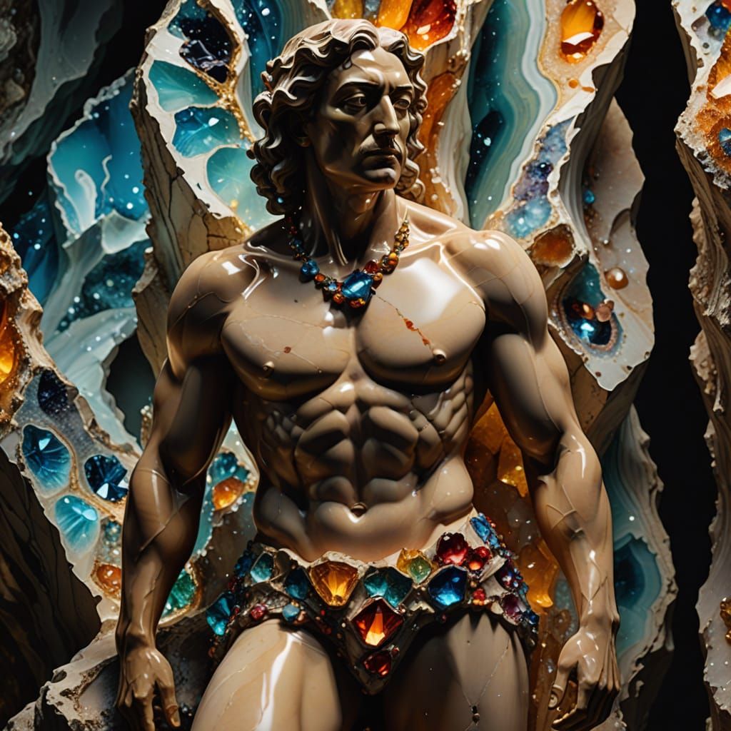 Surreal Marble Statue Rises from Vibrant Geode