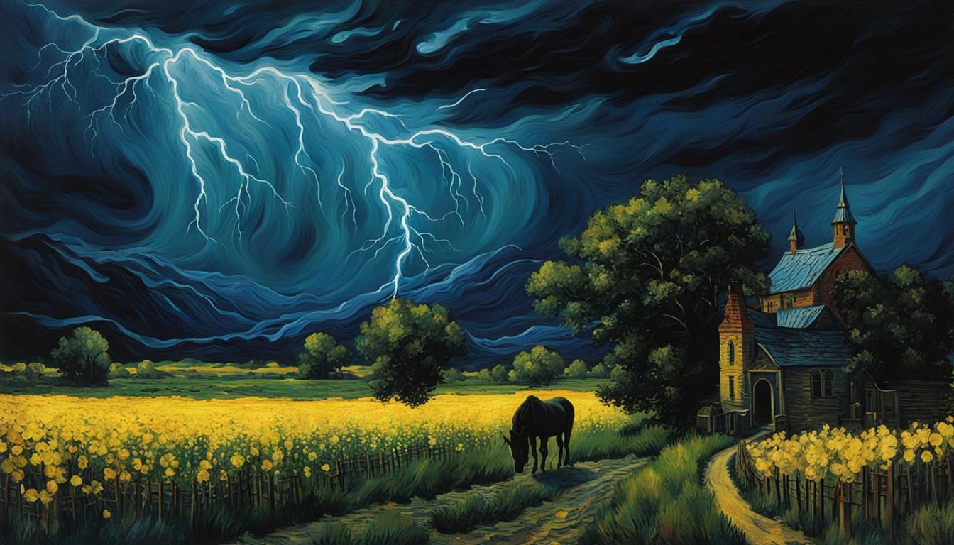 Black Unicorn in Van Gogh-Style Lightning Storm