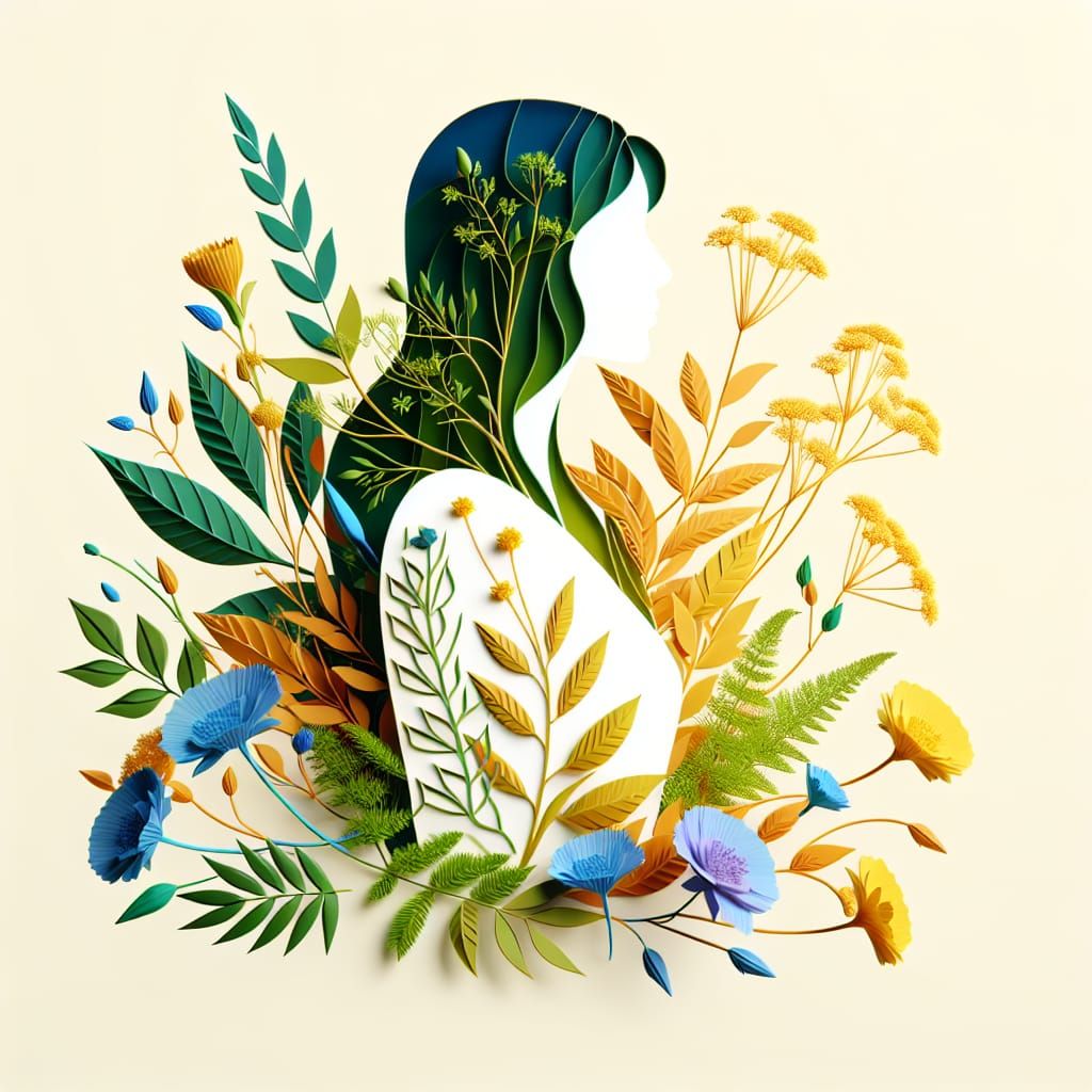 Disney Pixar style 3D beautiful woman, a Spring silhouette of rebirth of plants and flower in spring