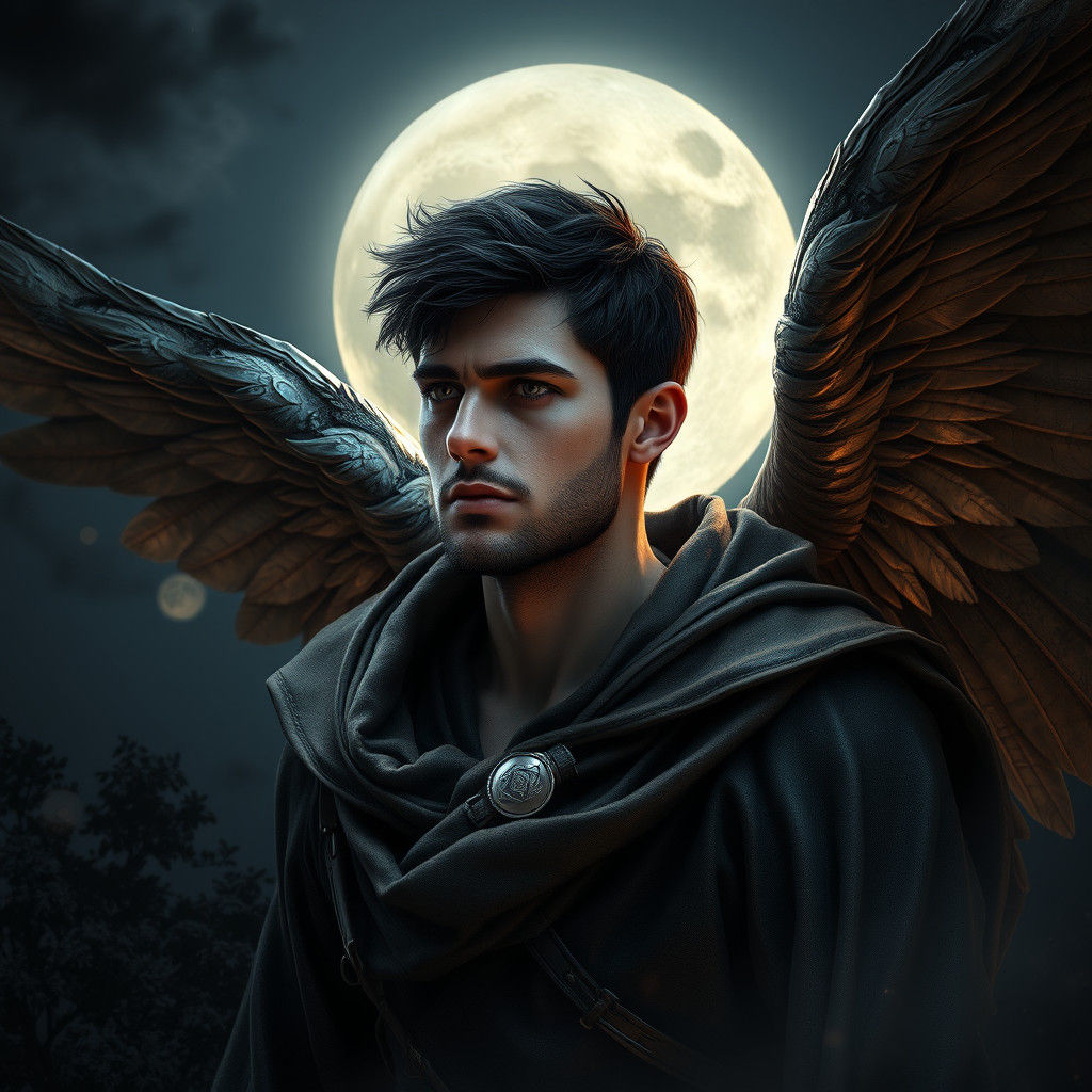 Brooding Angel Soaring at Night in Art Nouveau Style