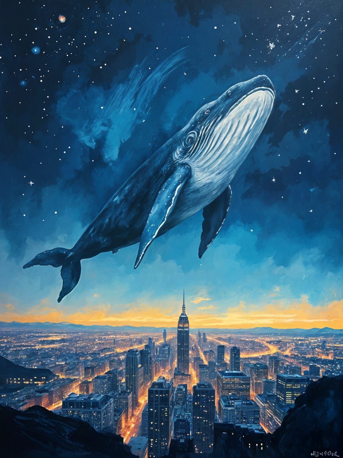 Whale in Night Sky Above City, Thick Oil Painting Style