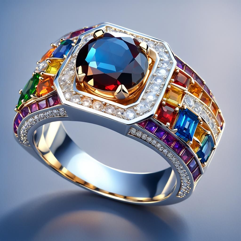 Silver Ring with Navratna Gemstones, 3D Render