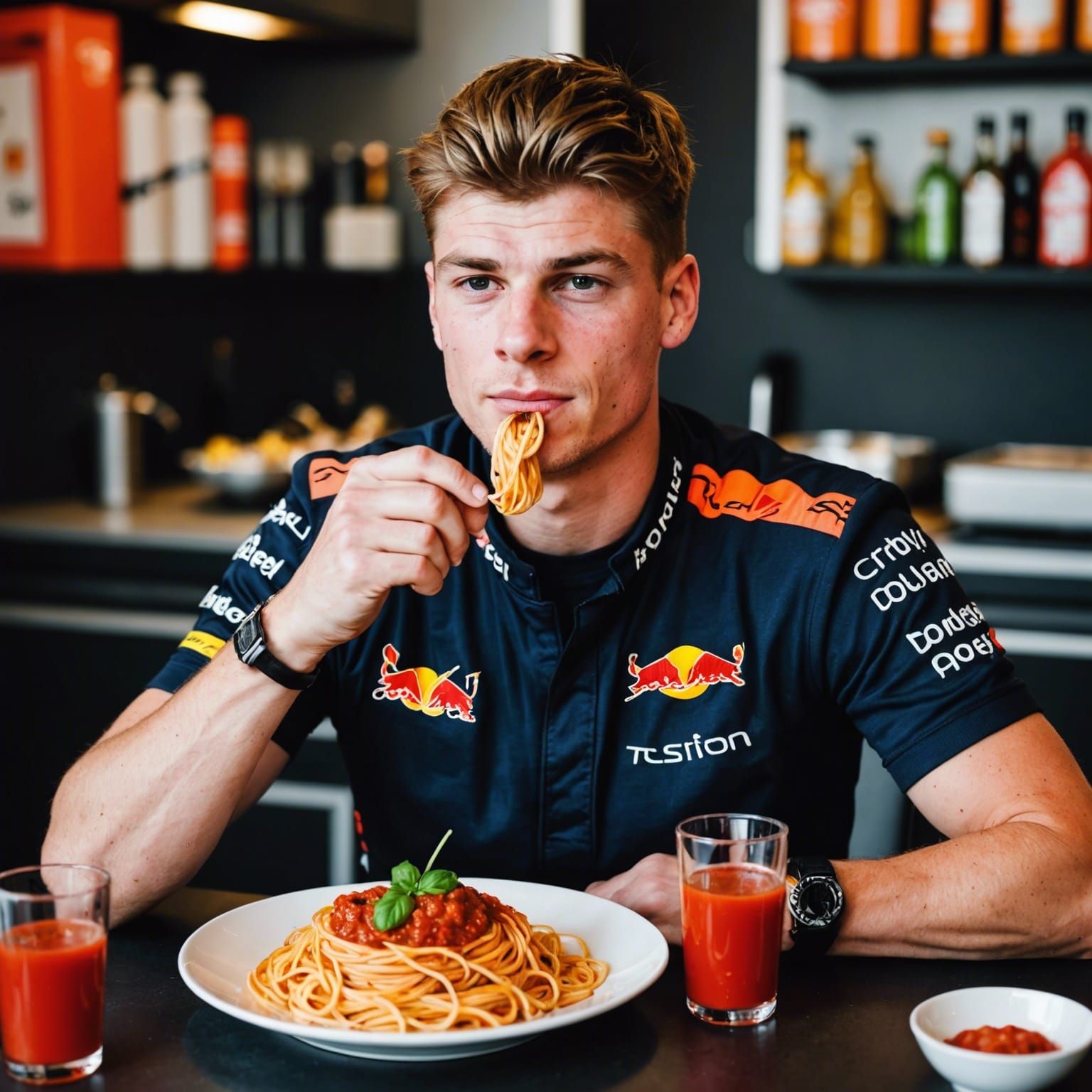 Max Verstappen Enjoying Spaghetti with Tomato Sauce