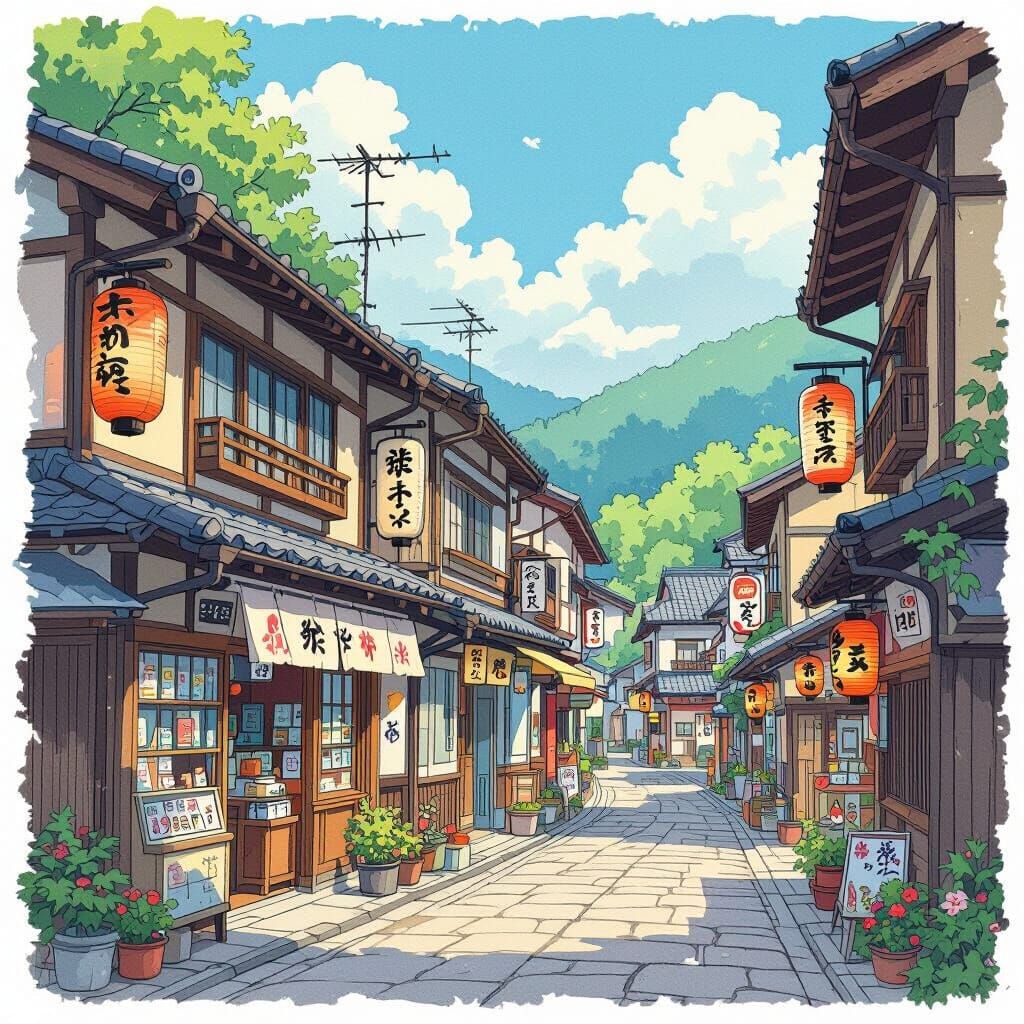 Ghibli-Inspired Japanese Street Scene with Lanterns