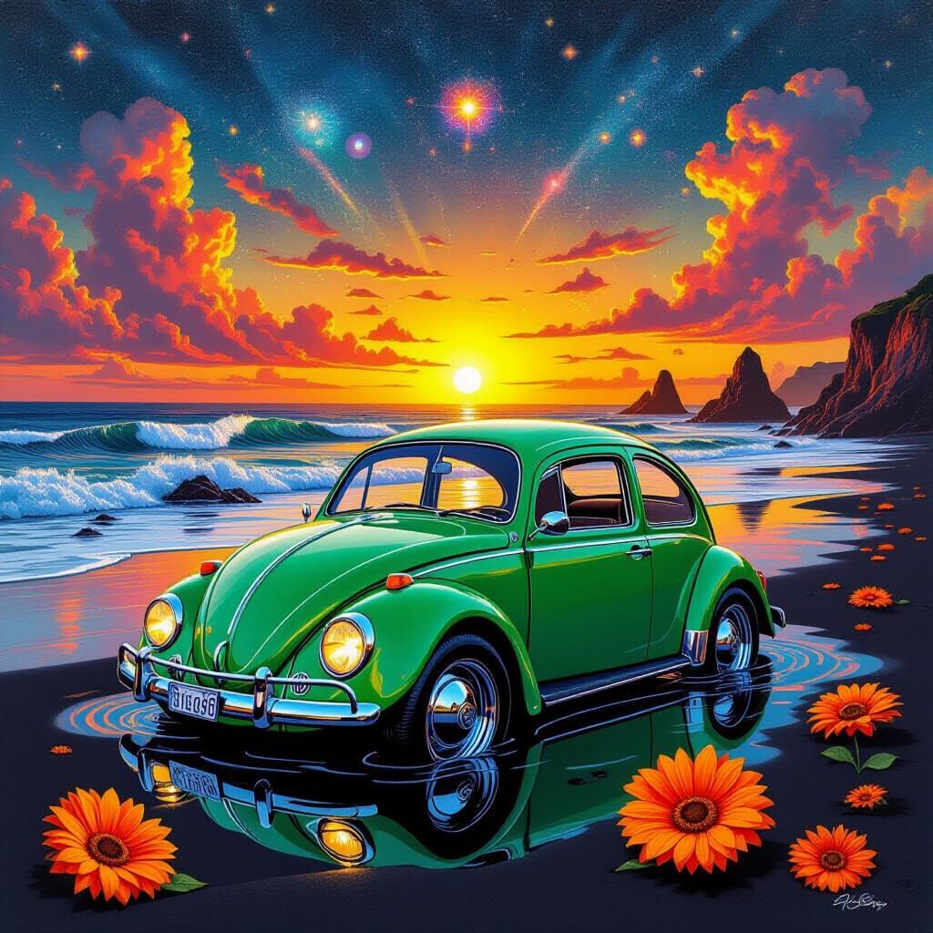 Psychedelic VW Beetle Sunset Scene