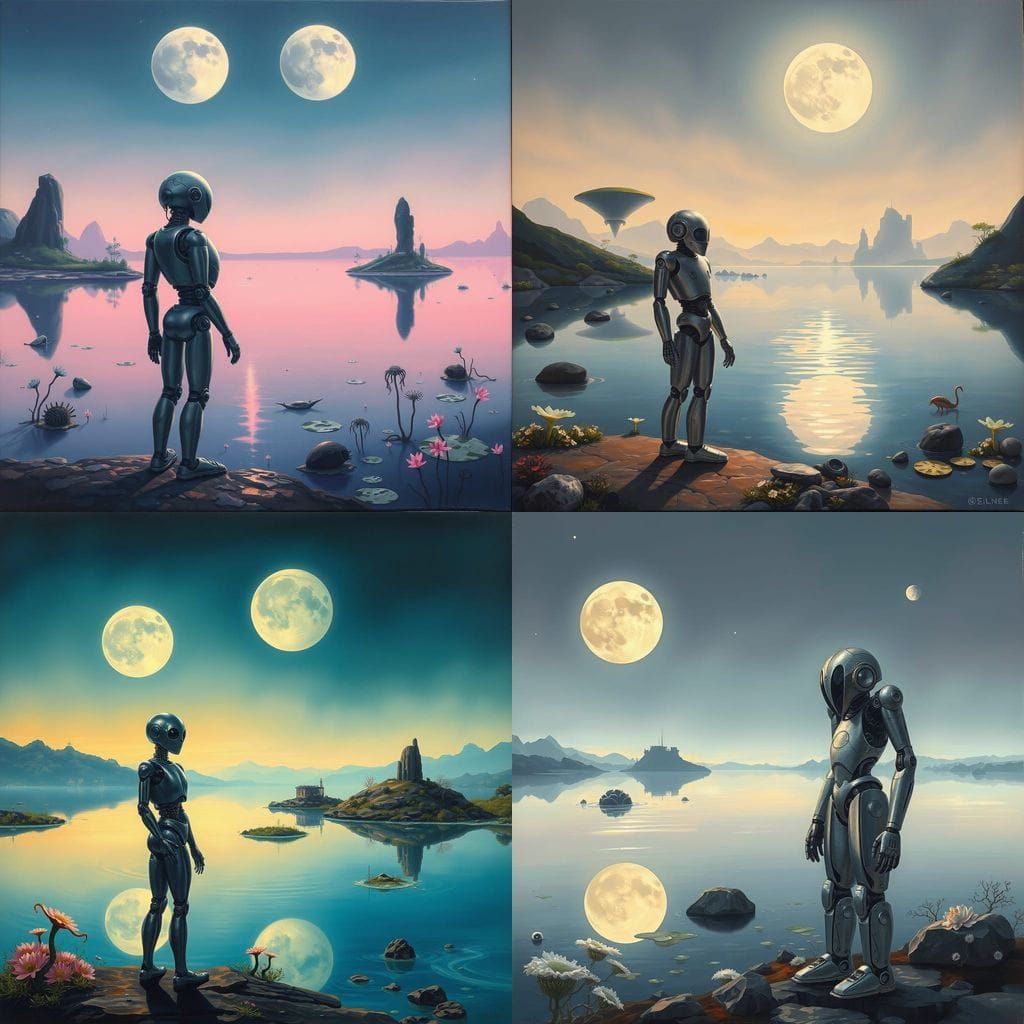 Robot Contemplates Alien Lake in Post-Impressionist Style