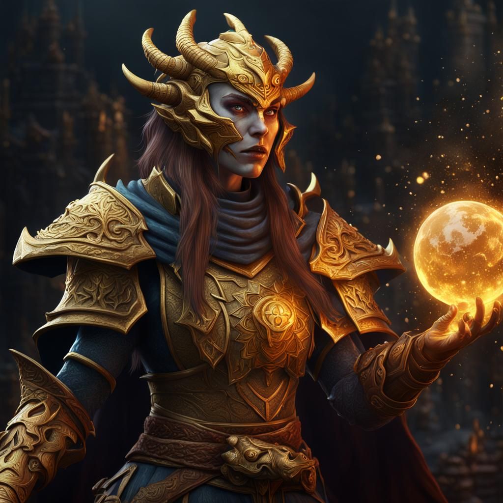 Golden Dragonborn Necromancer Cleric in Detailed Digital Pai...