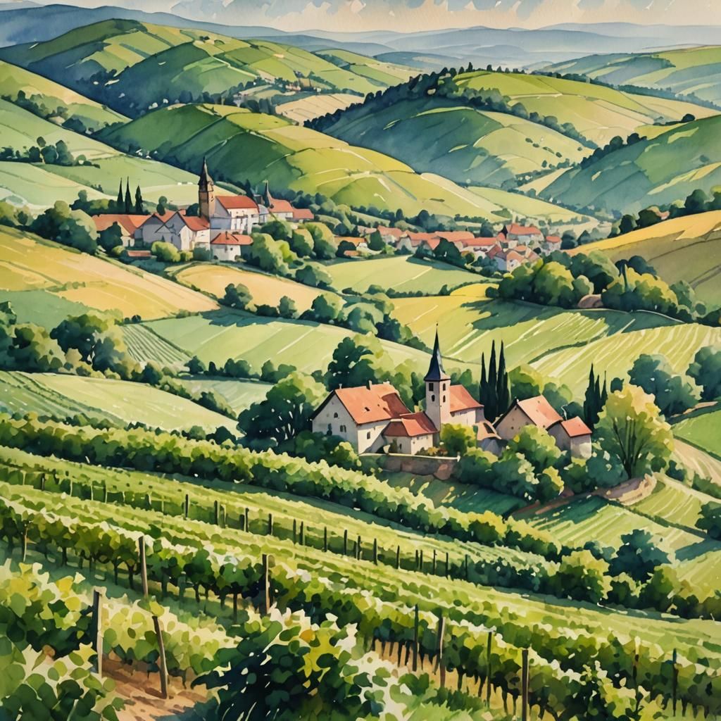 Idyllic Rhineland-Palatinate Landscape in Watercolor Style