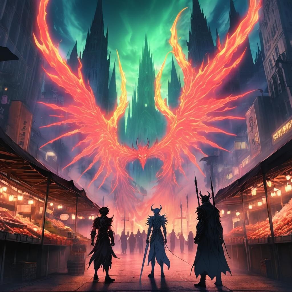Anime-Style Demon Trader and Angelic Warrior in Metropolis