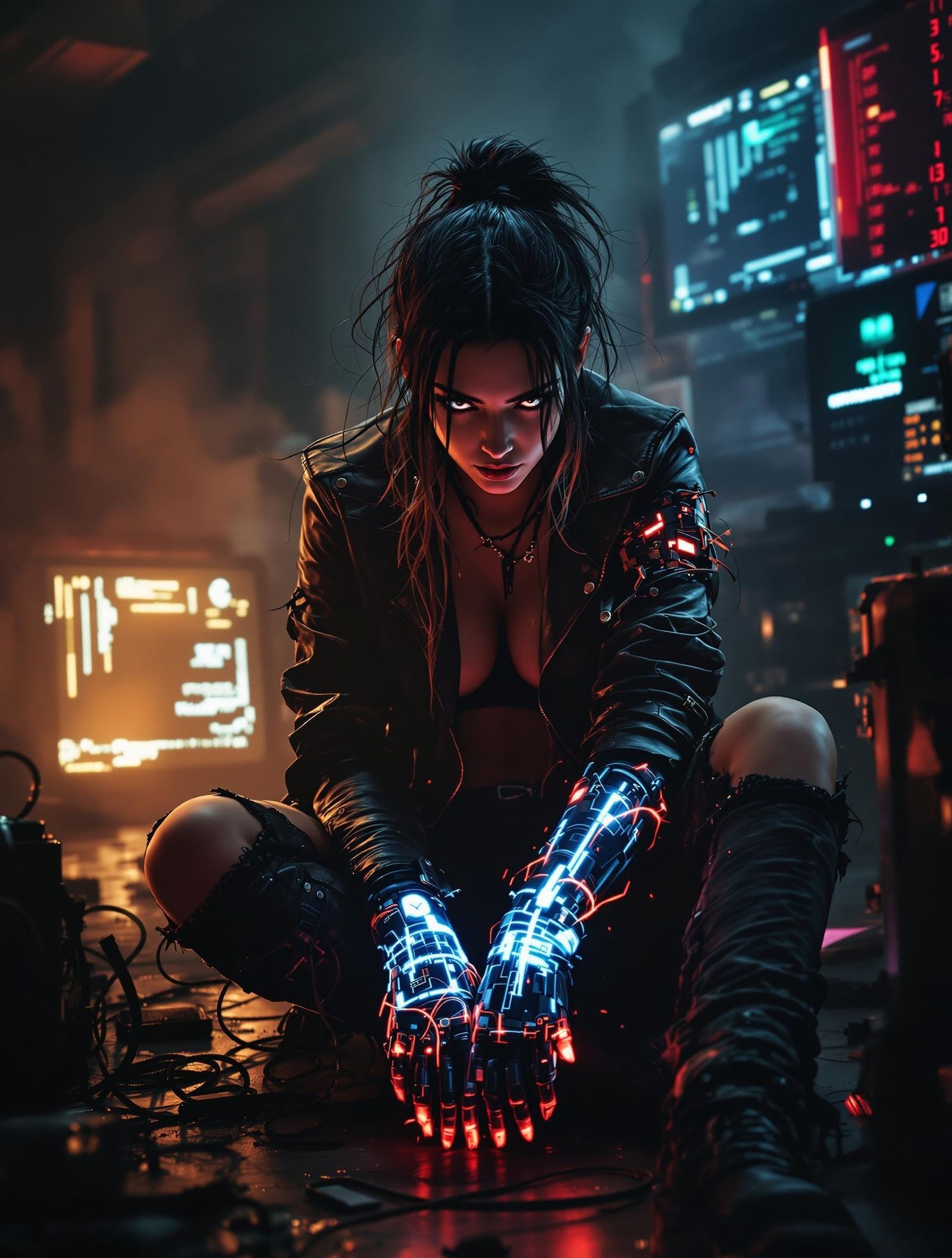 Rebellious Hacker in Neon-Lit Cyberpunk Lair