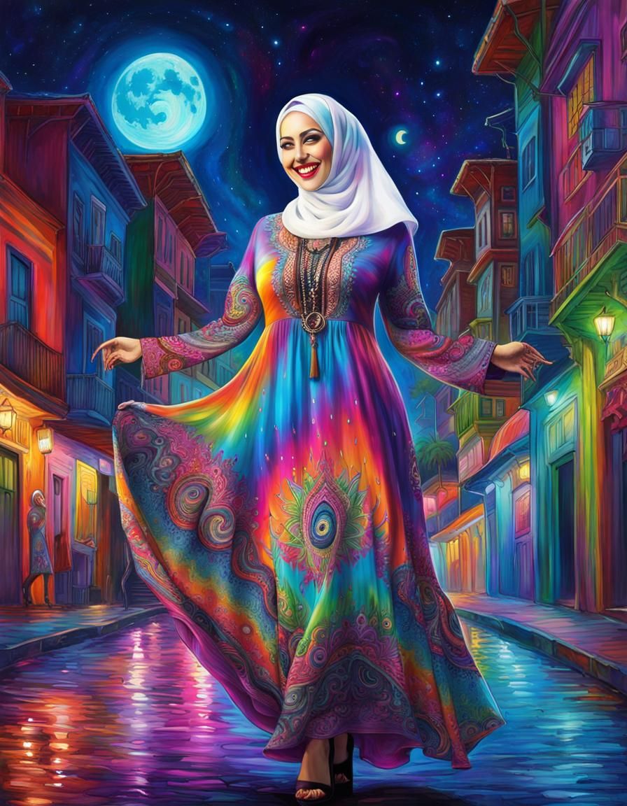 Psychedelic Hijabi Woman Walking at Night