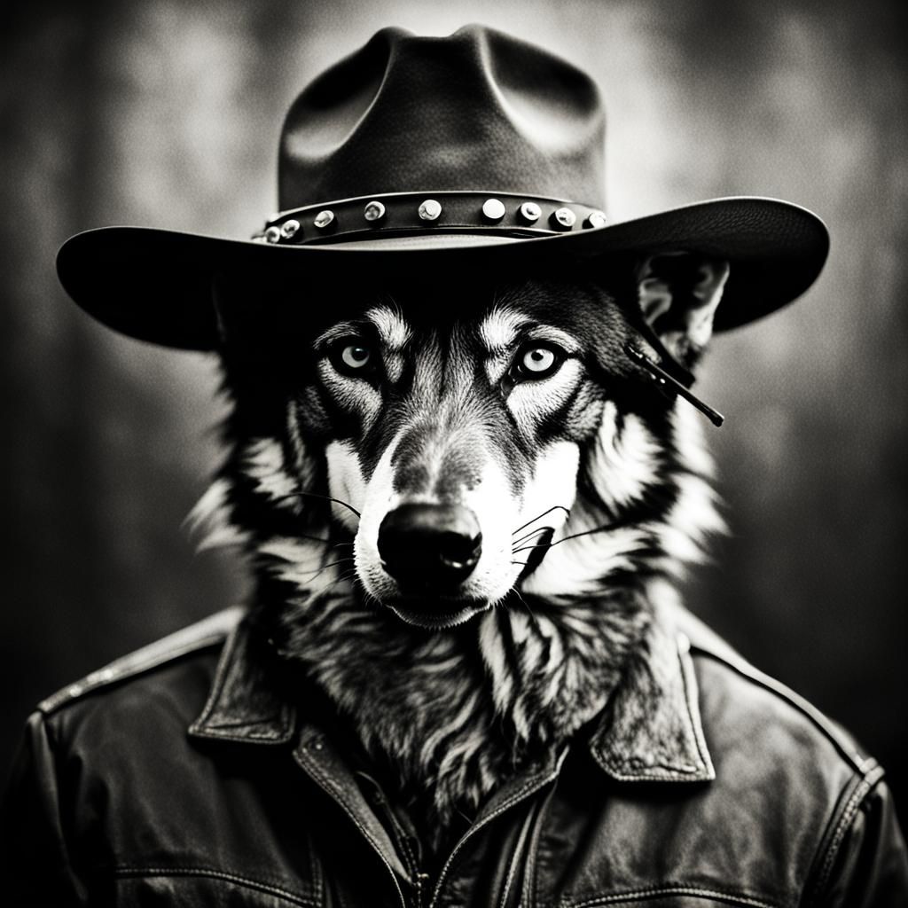Anthro Wolf Cowboy in Gritty Black and White