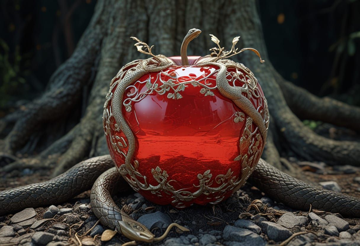 Ethereal Glass Apple with Serpent, Ornate Filigree