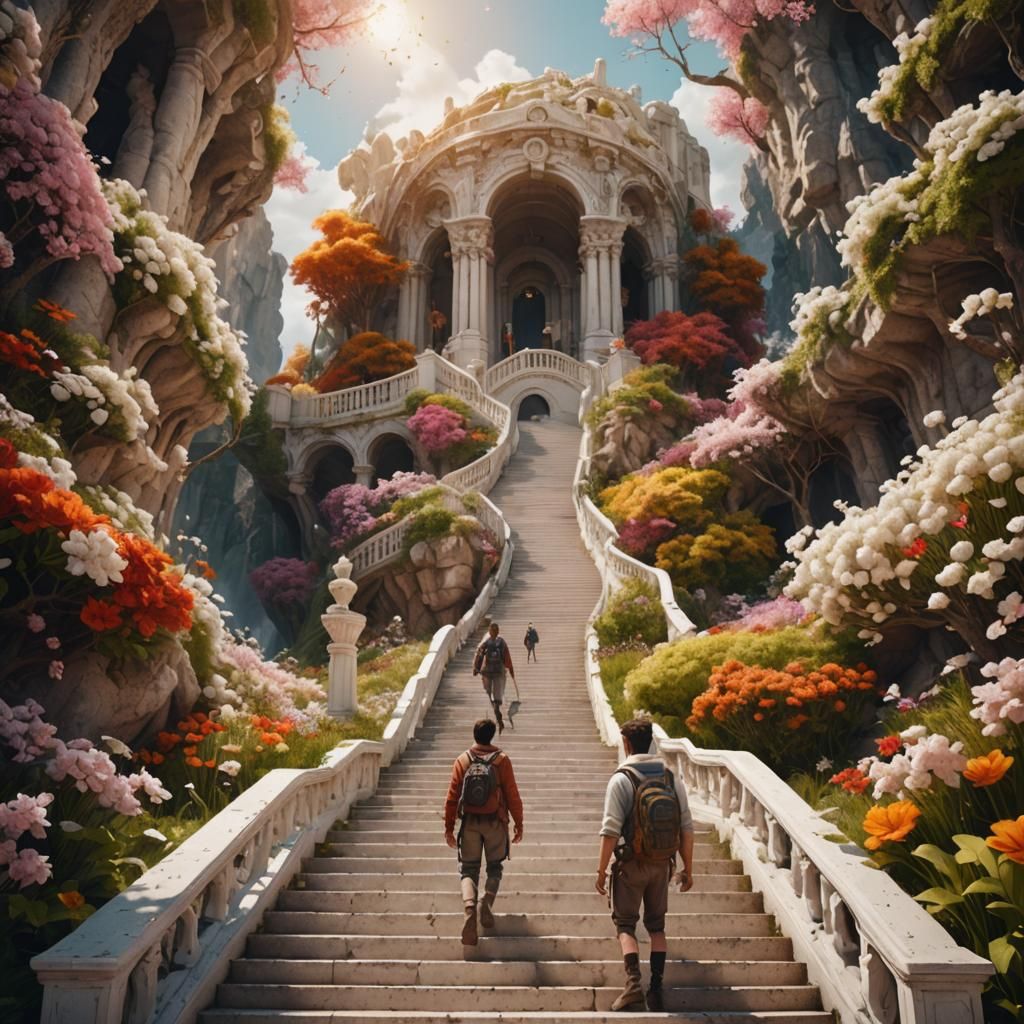 Heavenly Ascent: Traveler's Spring Journey in Matte Painting