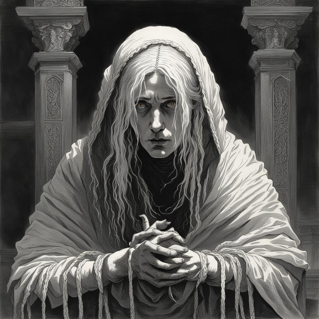 Frightened Woman in Temple: Dark Horror Illustration