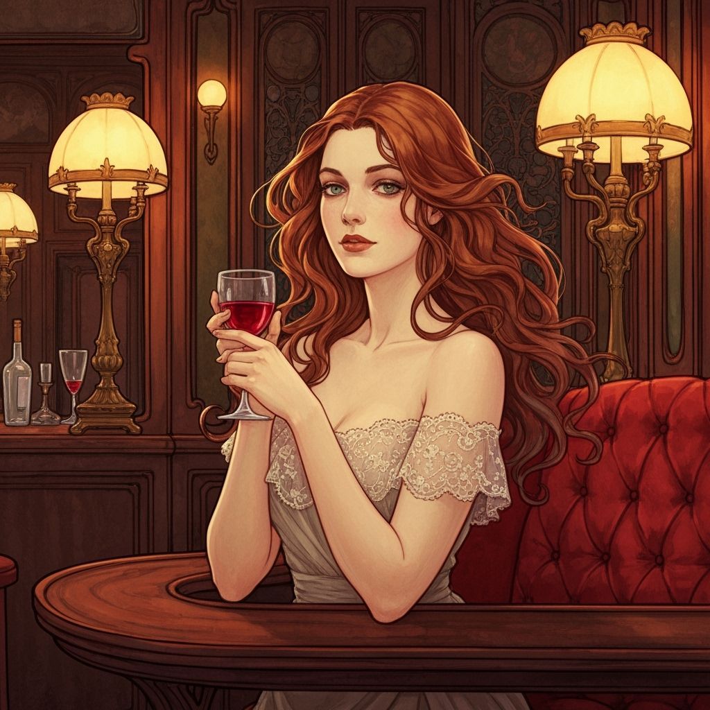 Art Nouveau Woman Enjoys Wine in Parisian Bar