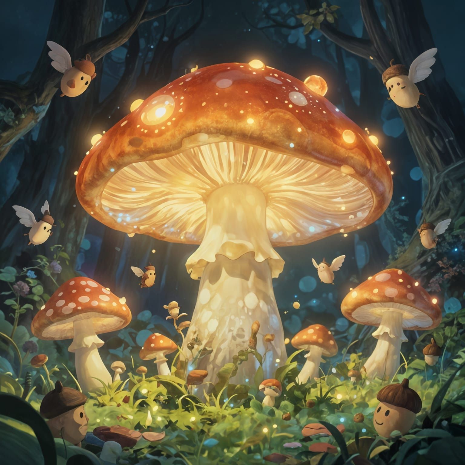 Whimsical Fungus with Winged Acorn Creatures