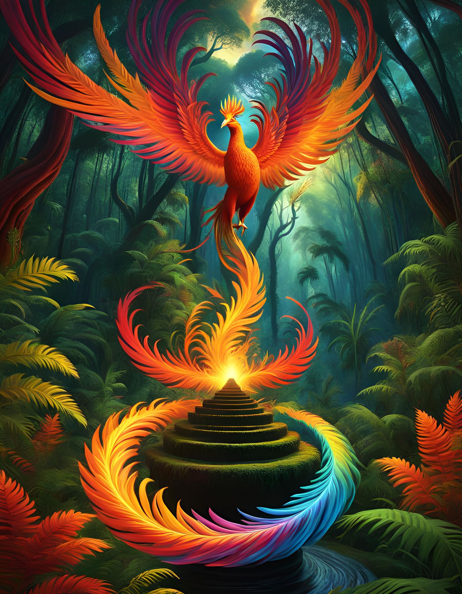 Fiery Phoenix Rising in a Magical Jungle