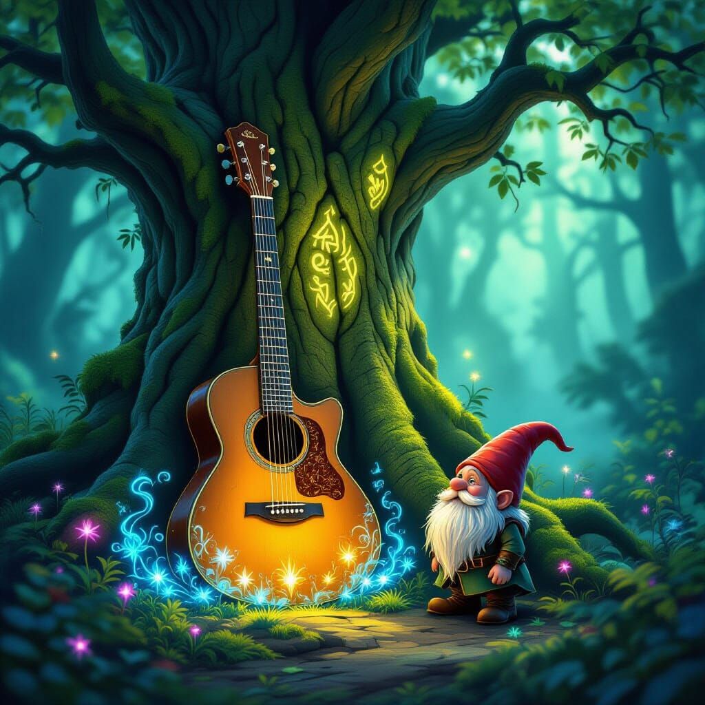 Enchanted Forest Gnome Gazes at Magical Guitar