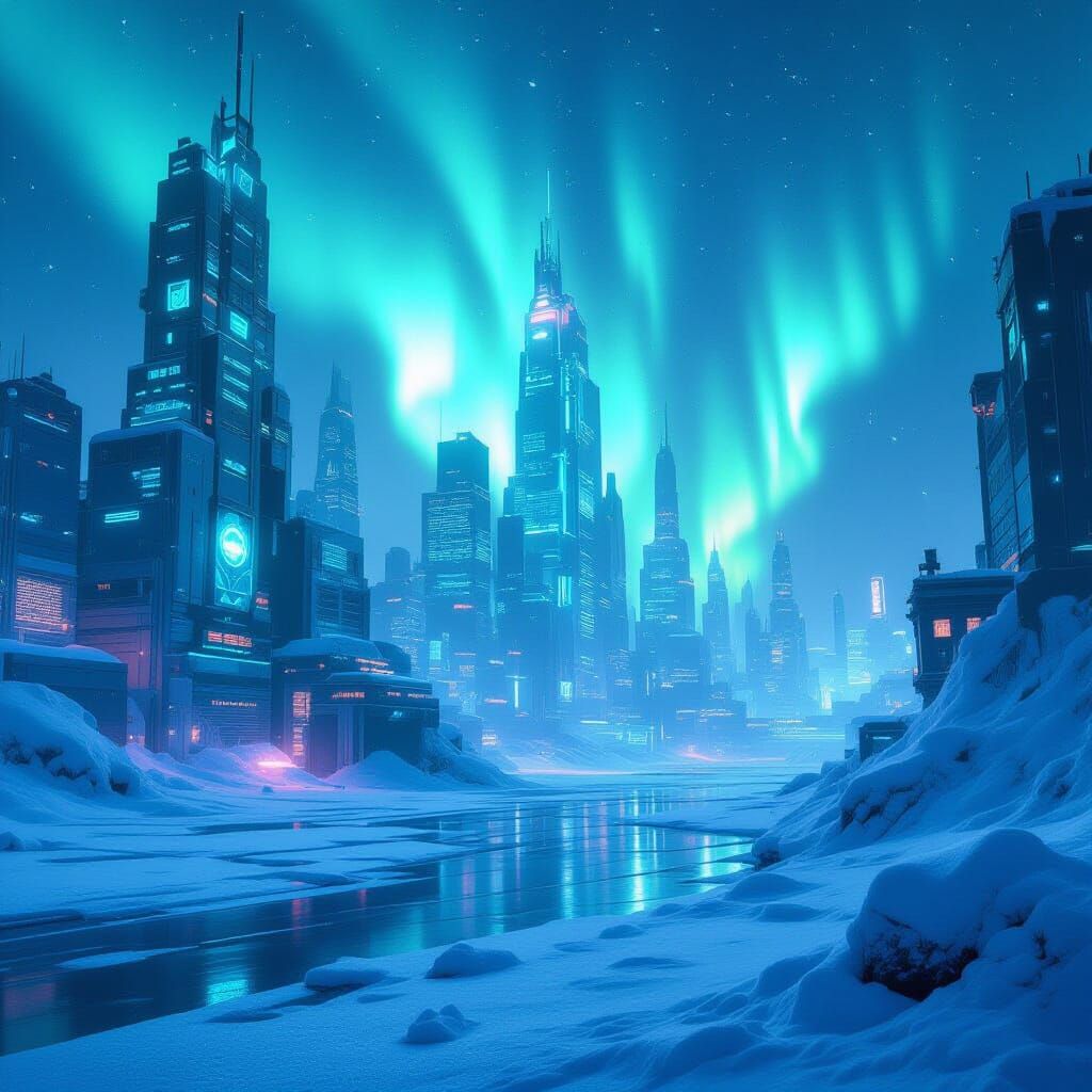 Cyberpunk Arctic City Encased in Ice with Frozen Auroras