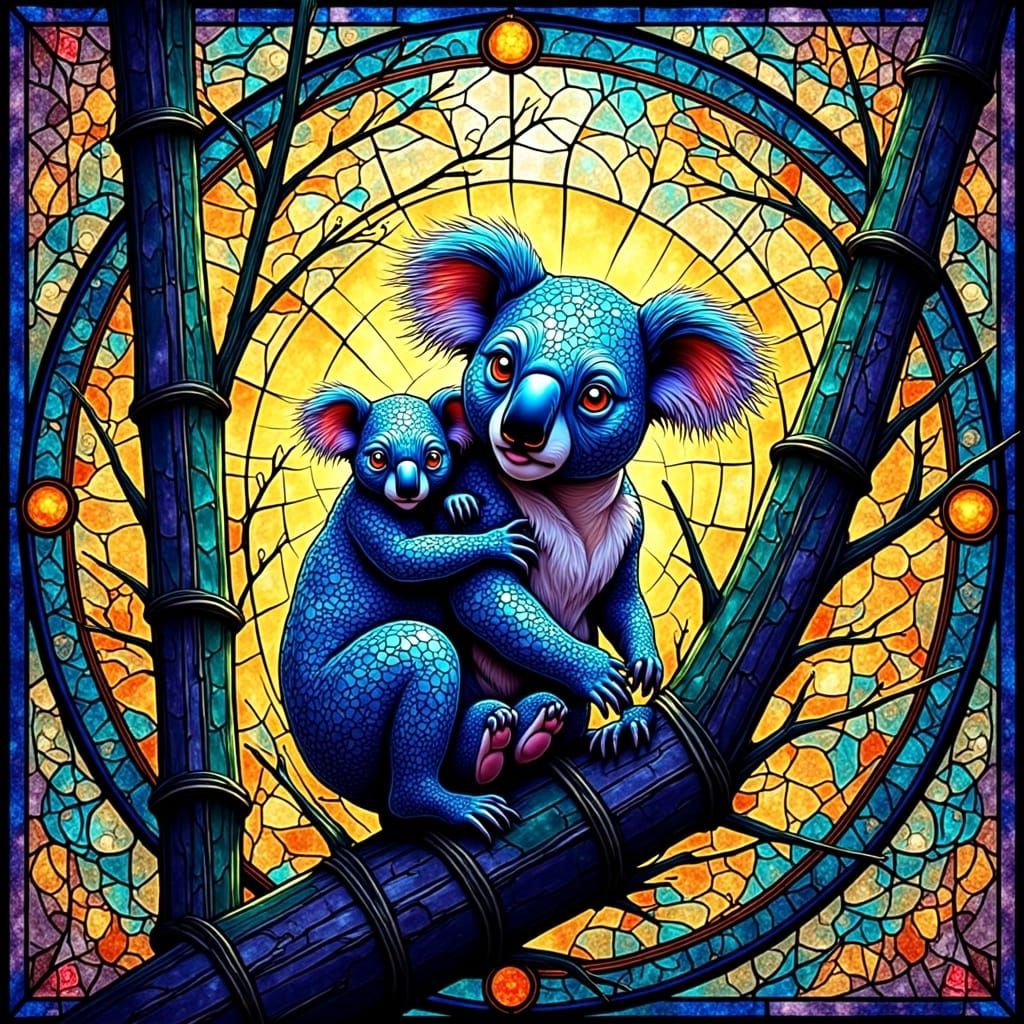 Koala Bear Family in Stained Glass Bamboo Forest