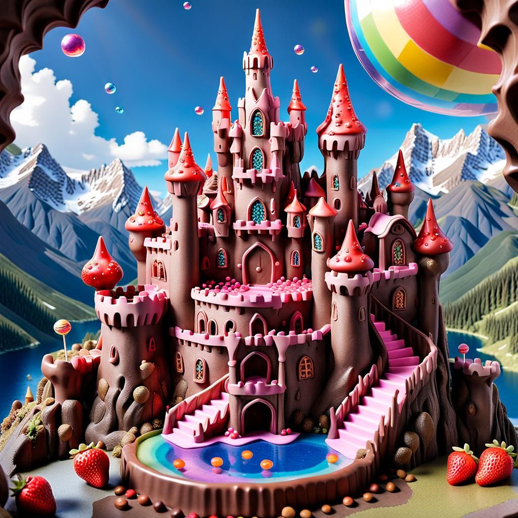 Chocolate Castle with Strawberry Roofs and Candy Details