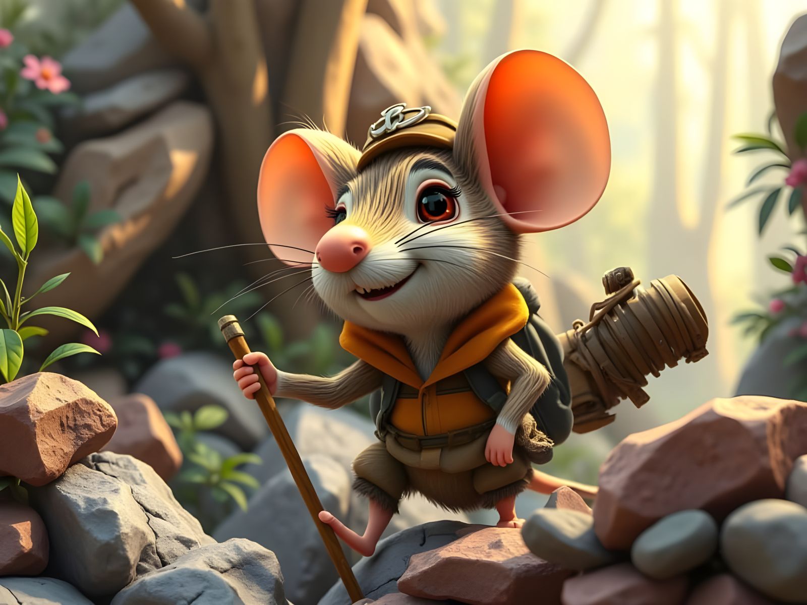 Whimsical Mouse Hiker in Vibrant CGI Cartoon Style