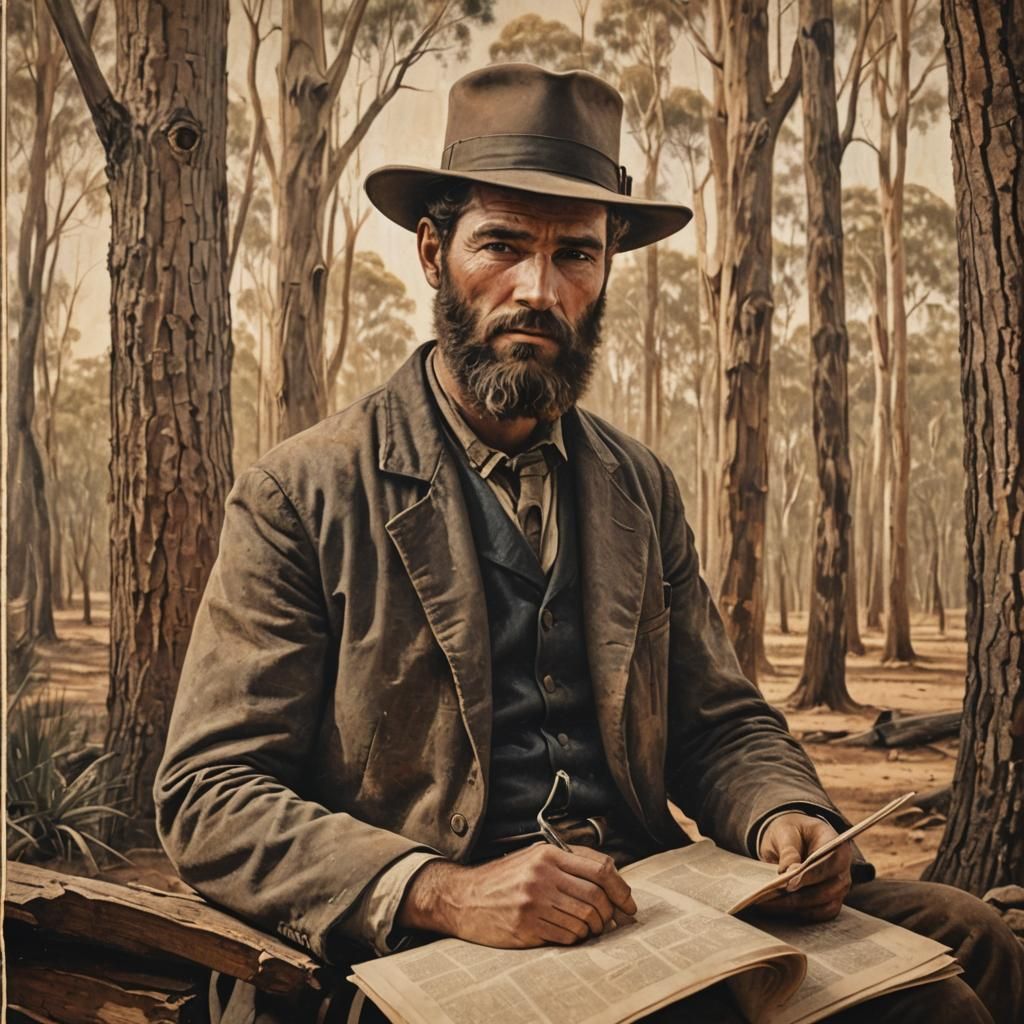 Ned Kelly Reading the News in Outback Setting