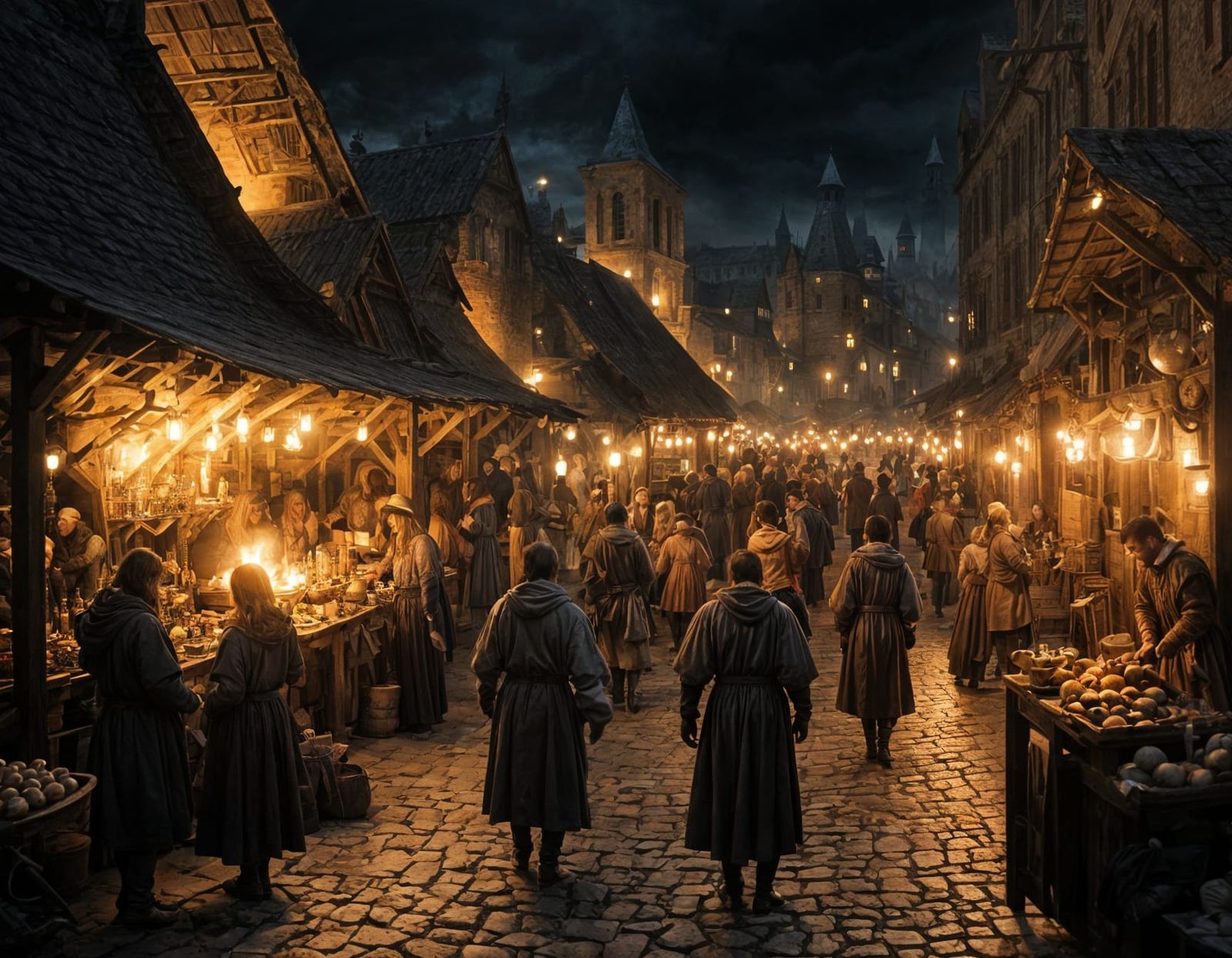 Medieval Night Market Under Torches
