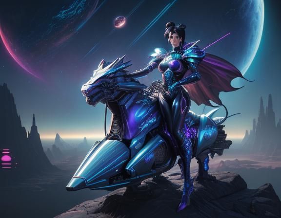 Cyborg Dragon Rider in Retro Sci-Fi Style