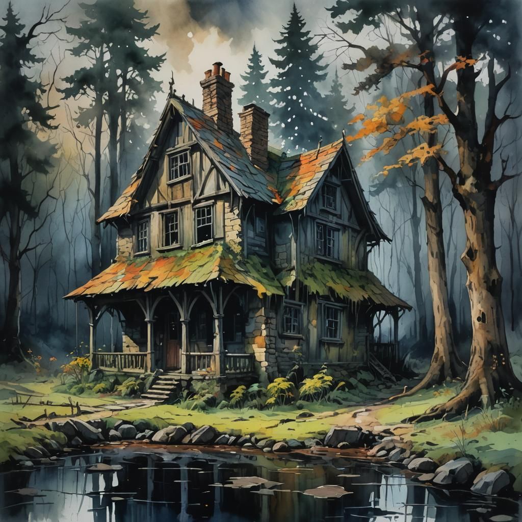 Gothic Cottage in Haunted Forest: Watercolor Gouache